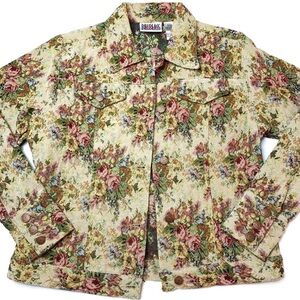 1990’s Vintage Bill Blass Woven Floral Tapestry Jean Jacket